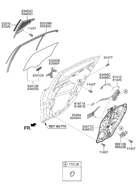 2019 Hyundai Genesis G70 Rear Door Window Regulator & Glass Diagram