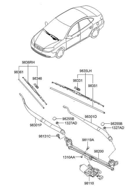 2006 Hyundai Elantra New Body Style (Produced Before OCT.30.2006) Windshield Wiper Diagram