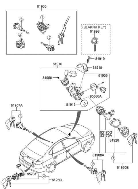 2006 Hyundai Elantra Key & Cylinder Set Diagram