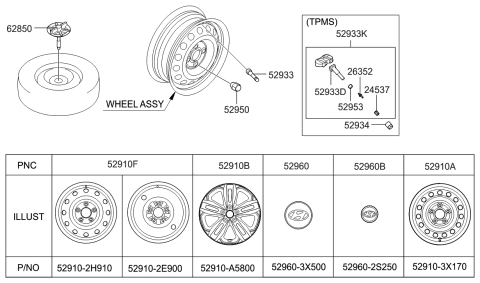 2006 Hyundai Tucson Wheel Hub Cap Assembly Diagram for 52960-A5300