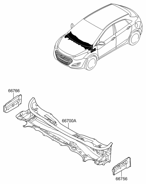 2016 Hyundai Elantra GT Panel-Cowl Side Outer Upper,RH Diagram for 66766-A5000