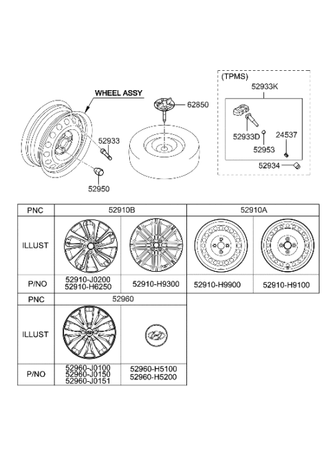 2022 Hyundai Accent Aluminium Wheel Hub Center Cap Diagram for 52960-H5100