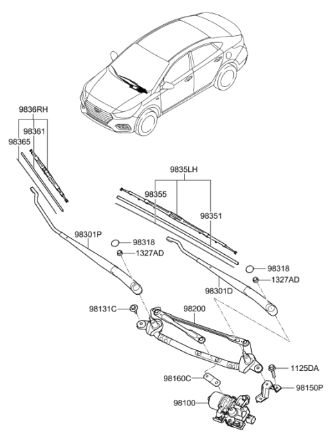 2021 Hyundai Accent Wiper Blade Assembly,Driver Diagram for 98350-G2000