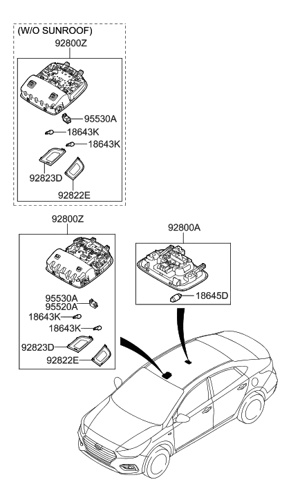 2021 Hyundai Accent Overhead Console Lamp Assembly Diagram for 92800-J0000-XUG