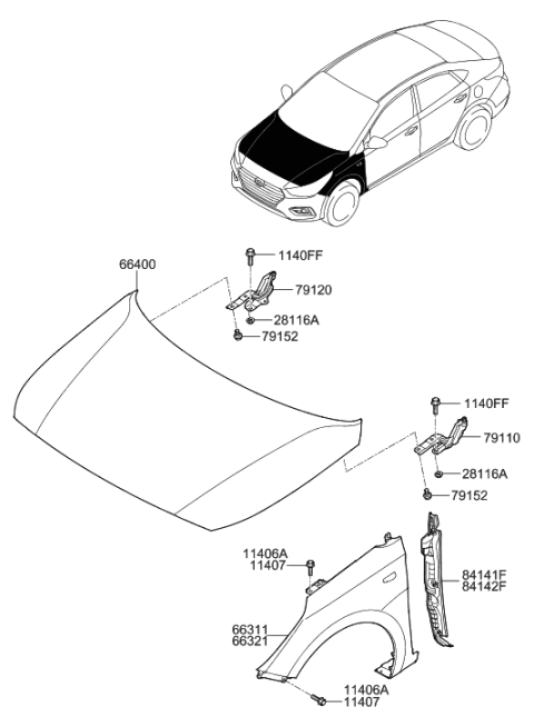 2019 Hyundai Accent Fender & Hood Panel Diagram