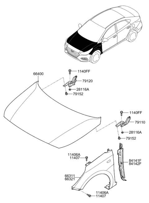 2021 Hyundai Accent Fender & Hood Panel Diagram