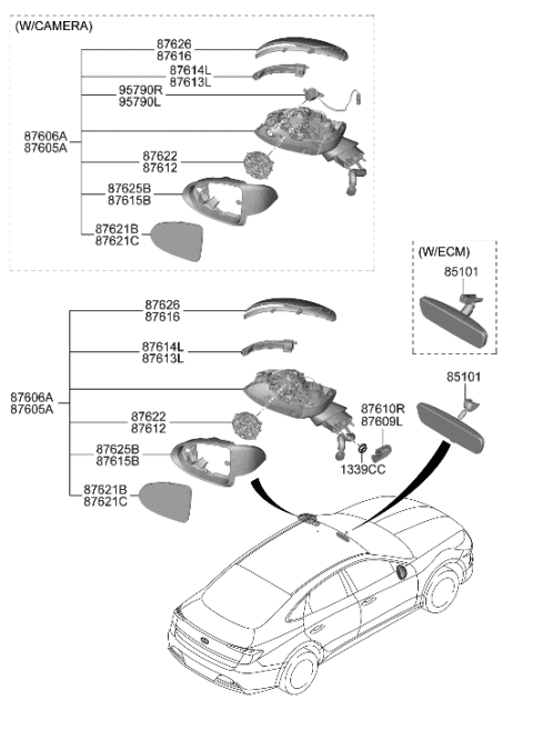 2021 Hyundai Sonata Rear View Mirror Scalp, Left, Exterior Diagram for 87616-L0010