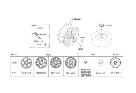 2020 Hyundai Sonata Aluminium Wheel Assembly Diagram for 52910-L0210