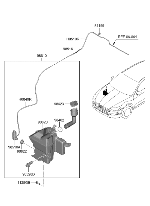 2020 Hyundai Sonata Windshield Washer Reservoir Assembly Diagram for 98611-L0000