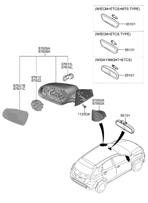 2023 Hyundai Kona Mirror Assembly-Outside RR View,LH Diagram for 87610-J9680-SAW