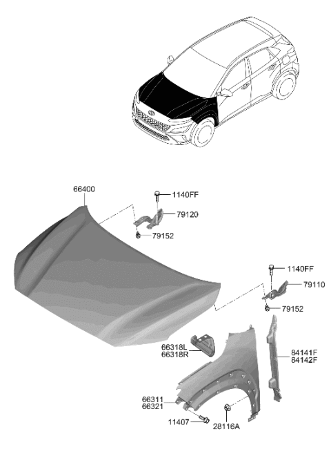 2022 Hyundai Kona Fender & Hood Panel Diagram