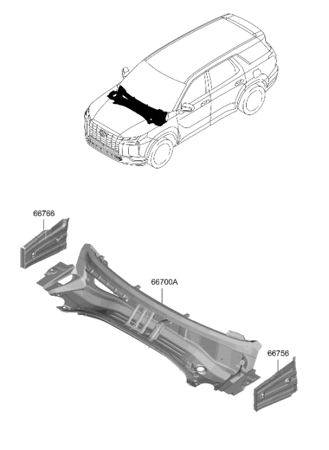 2023 Hyundai Palisade Panel-Cowl Side Outer Upper,RH Diagram for 66766-S8000