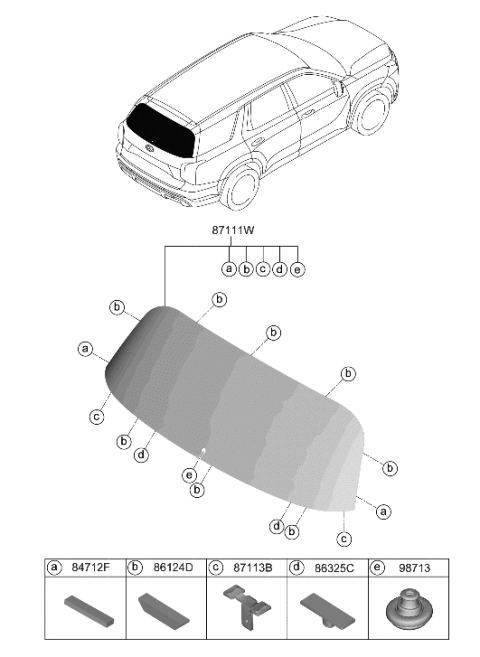 2023 Hyundai Palisade Rear Window Glass & Moulding Diagram