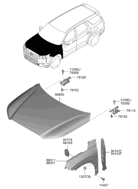 2023 Hyundai Palisade Fender & Hood Panel Diagram