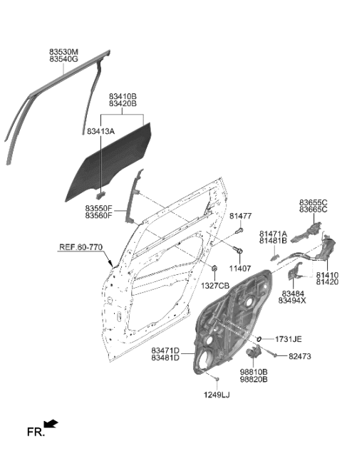 2023 Hyundai Palisade Rear Door Window Regulator & Glass Diagram