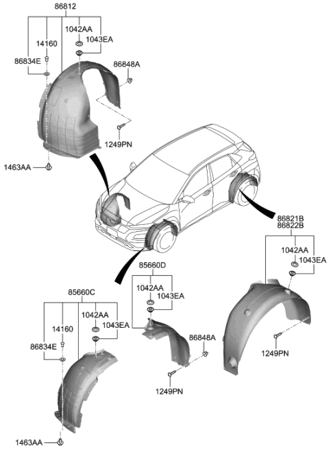 2020 Hyundai Kona Electric Front Wheel Guard Assembly,Right Diagram for 86812-K4000