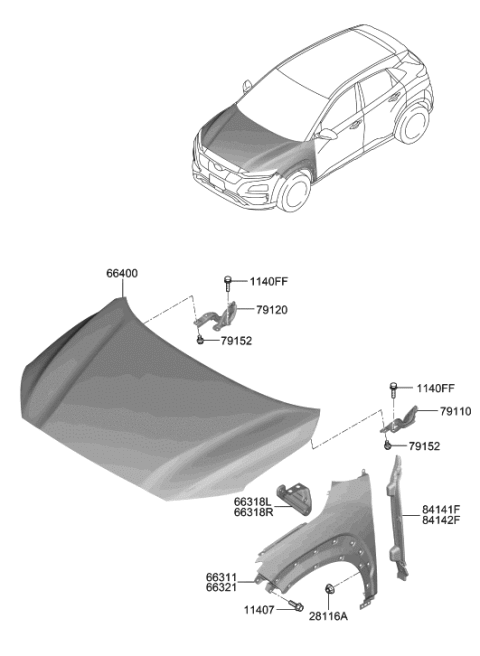 2019 Hyundai Kona Electric Fender & Hood Panel Diagram