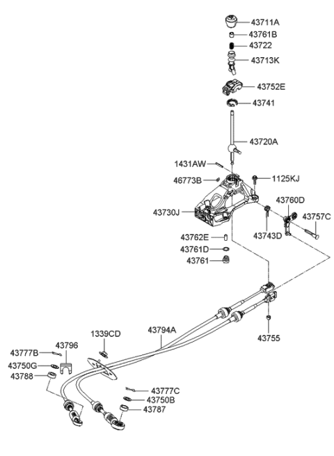 2010 Hyundai Sonata Manual Transmission Lever Cable Assembly Diagram for 43794-3K200
