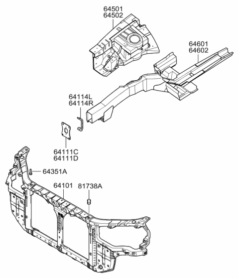 2009 Hyundai Sonata Old Body Style Fender Apron & Radiator Support Panel Diagram