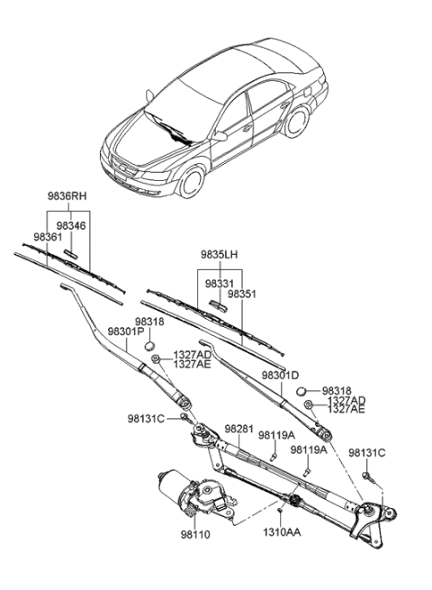 2008 Hyundai Sonata Link Assembly-Windshield Wiper Motor Diagram for 98150-3K000