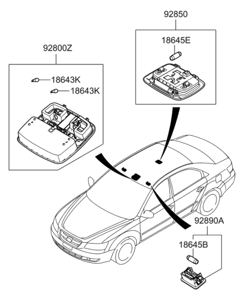 2009 Hyundai Sonata Overhead Console Lamp Assembly Diagram for 92800-3K001-X6