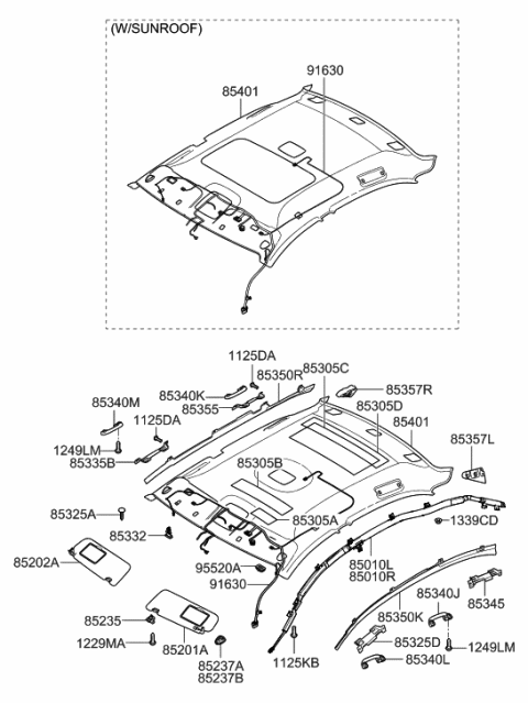 2009 Hyundai Sonata Old Body Style Sunvisor & Head Lining Diagram