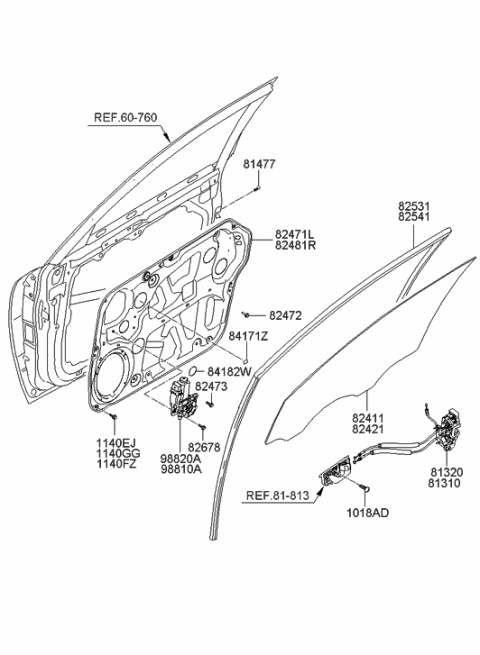 2008 Hyundai Sonata Front Door Window Regulator & Glass Diagram