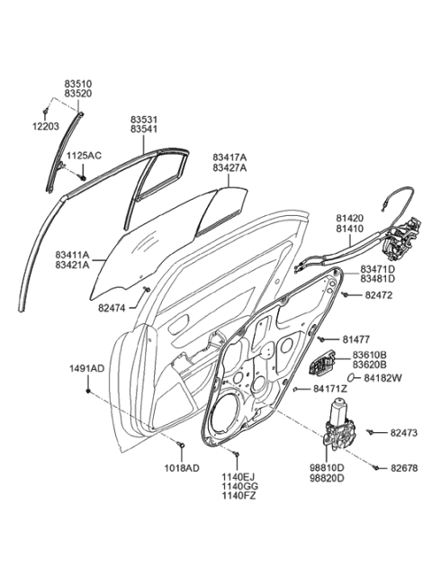 2007 Hyundai Sonata New Body Style Rear Door Window Reg & Glass Diagram