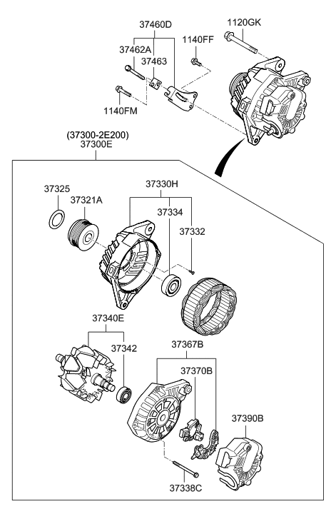 2013 Hyundai Elantra Alternator Assembly Diagram for 37300-2E250