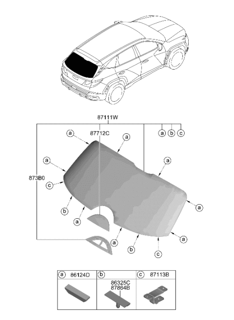 2022 Hyundai Tucson Rear Window Glass & Moulding Diagram