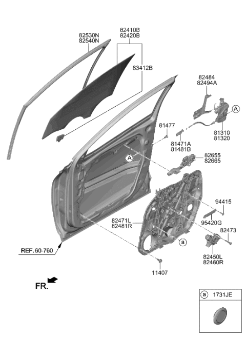 2022 Hyundai Tucson Korean made Front Door Window Regulator & Glass Diagram