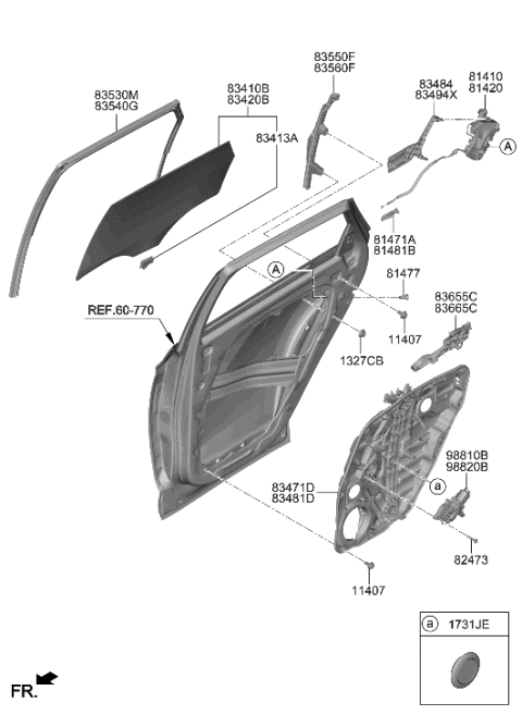 2022 Hyundai Tucson Korean made Rear Door Window Regulator & Glass Diagram