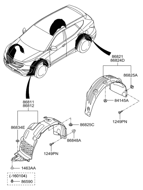 2000 Hyundai Santa Fe Front Wheel Guard Assembly,Left Diagram for 86811-4Z500
