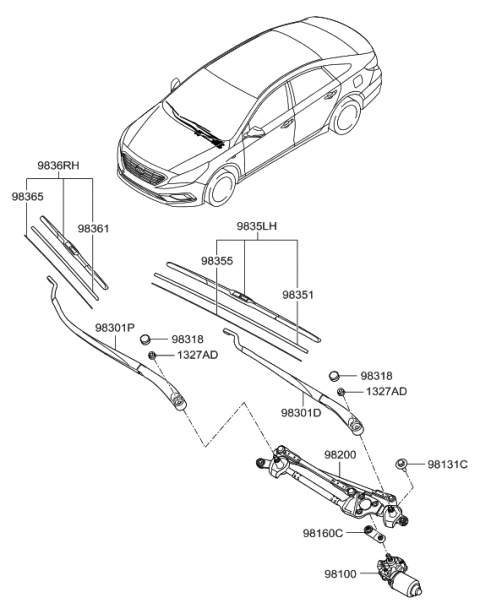 2016 Hyundai Sonata Rail Spring-WIPER Blade,PASSEN Diagram for 98365-3R100