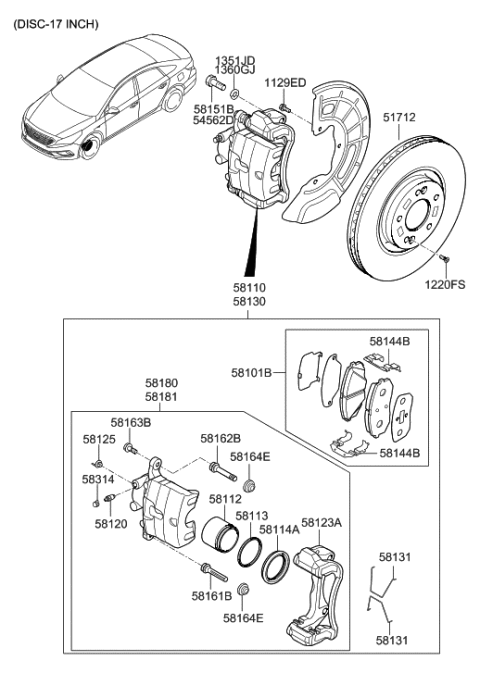 2017 Hyundai Sonata Front Disc Brake Pad Kit Diagram for 58101-D4A10