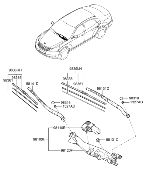 2012 Hyundai Equus Wiper Blade Assembly,Driver Diagram for 98350-3N000