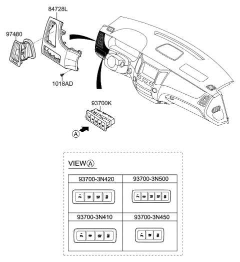 2012 Hyundai Equus SWTICH Assembly-Crash Pad Lower,LH Diagram for 93700-3N420-VM5