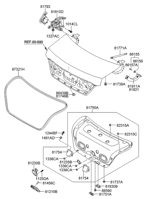 2011 Hyundai Equus Cover-Trunk Lid Hinge Arm Lower,LH Diagram for 81911-3N000