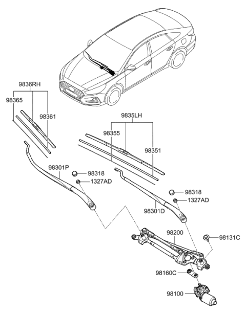 2019 Hyundai Sonata Windshield Wiper Motor Assembly Diagram for 98110-C2050
