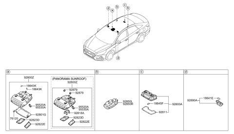 2018 Hyundai Sonata Overhead Console Lamp Assembly Diagram for 92800-D3000-TRY