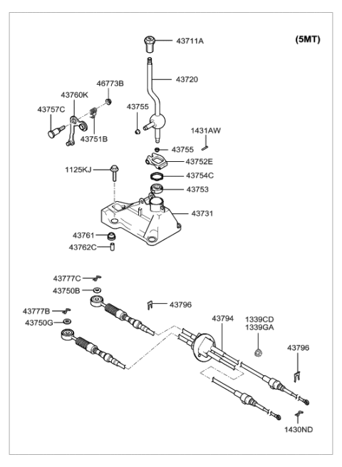 2002 Hyundai Tiburon Manual Transmission Lever Cable Assembly Diagram for 43794-2C600