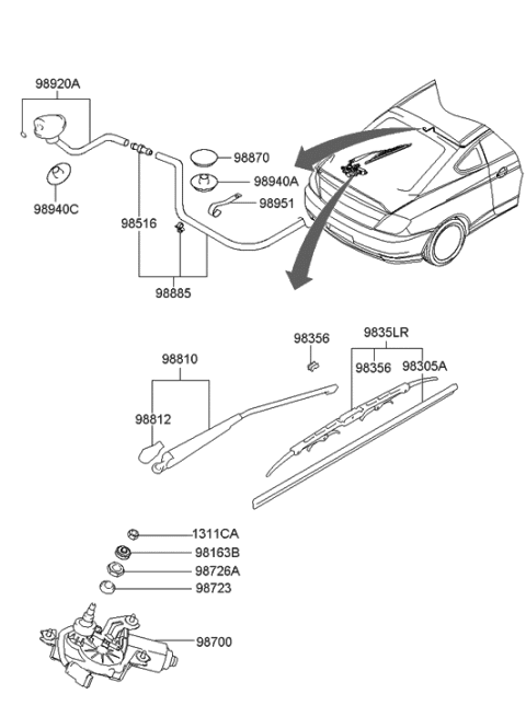 2001 Hyundai Tiburon Wiper Blade Assembly Diagram for 98350-H1000
