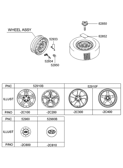 2001 Hyundai Tiburon Wheel & Cap Diagram