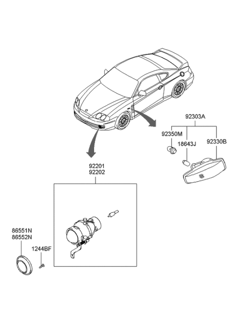 2002 Hyundai Tiburon Front Driver Side Fog Light Assembly Diagram for 92201-2C700