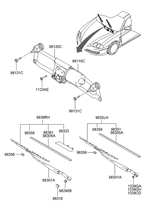2003 Hyundai Tiburon Wiper Blade Assembly,Driver Diagram for 98350-2C000