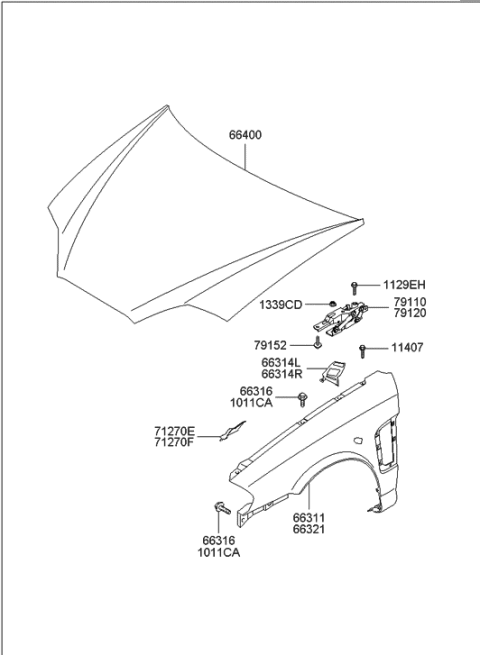 2005 Hyundai Tiburon Fender & Hood Panel Diagram