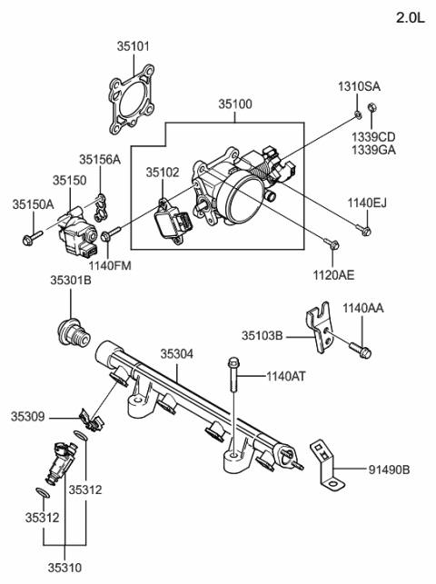 2006 Hyundai Tiburon Old Body Style Throttle Body & Injector Diagram 1