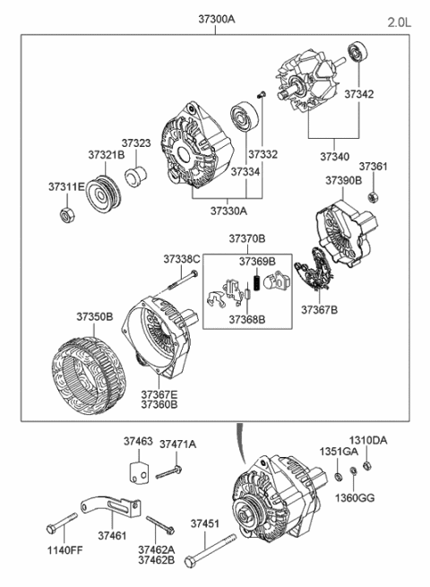 2010 Hyundai Santa Fe Reman Alternator Assembly Diagram for 37300-23600-RM