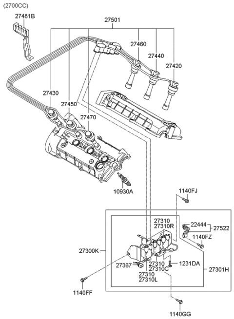2006 Hyundai Tiburon Cable Set-Spark Plug Diagram for 27501-23B01