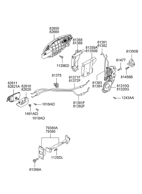 2001 Hyundai Tiburon Front Door Inside Handle Cable Assembly,Right Diagram for 81372-2C010